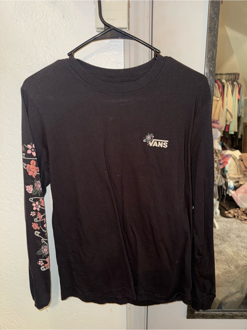 Vans Black Long Sleeve Tee with Pink Floral Sleeve Accents